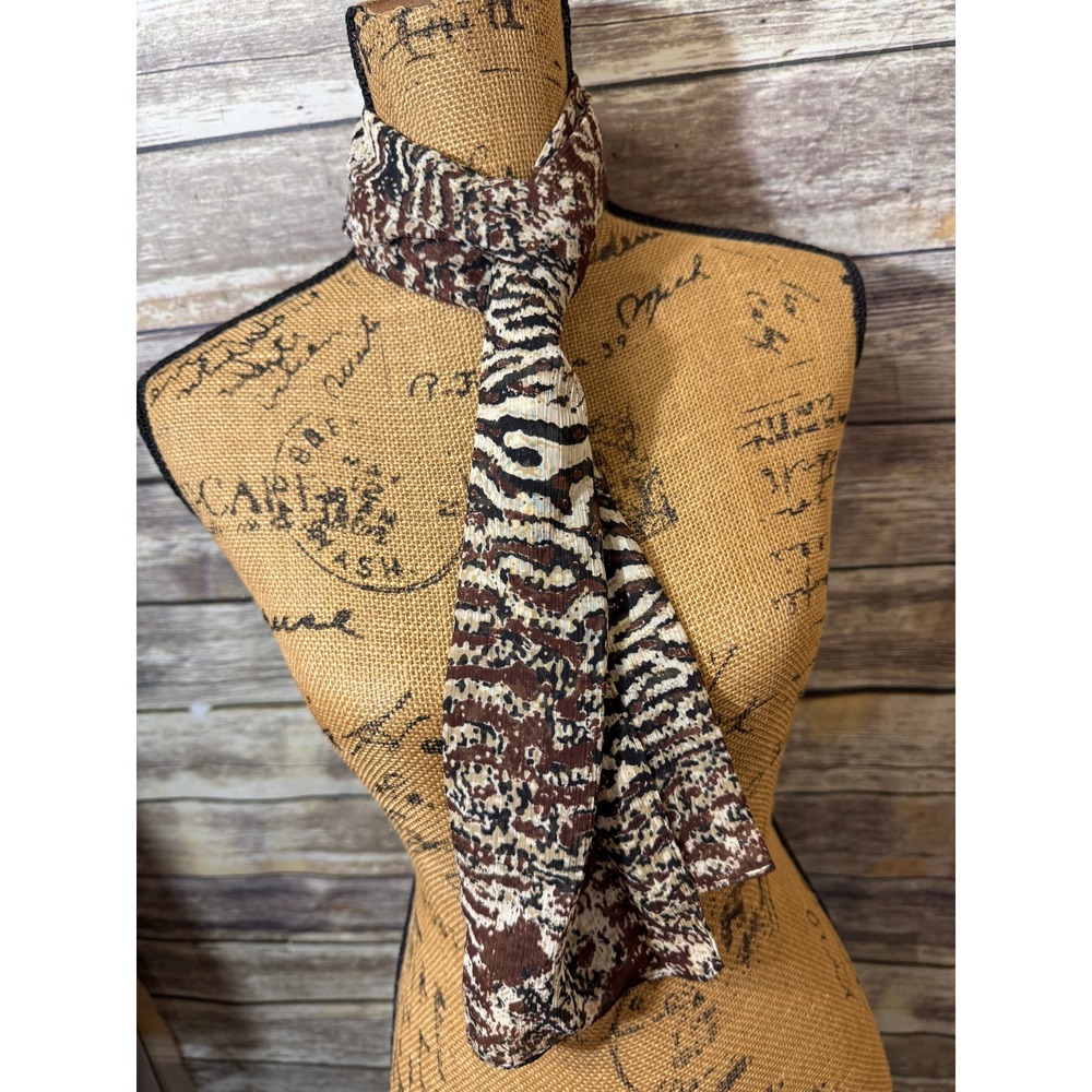 Vintage Brown Animal Print Pleated Scarf Sheer Zebra Tiger Pattern Boho Mob Wife